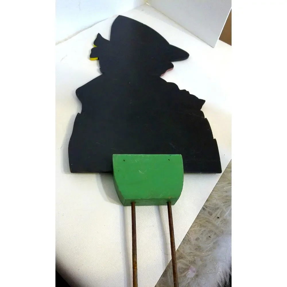 Vintage Witch Halloween Wooden Yard Stake Cauldron Black Cat Pumpkin